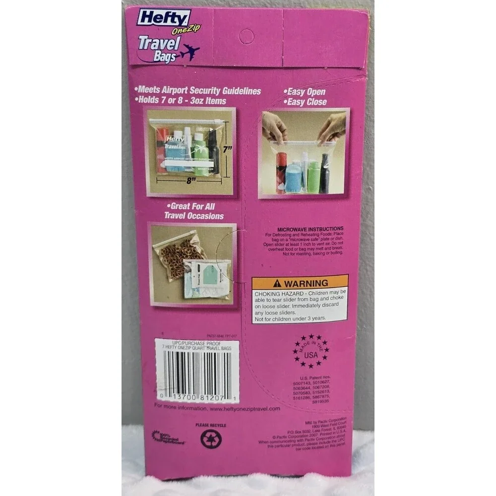 Hefty One Zip Travel Bags Quart Bag Size 7 New Discontinued Stock Airport TSA OK